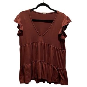 Entro Women Boho Ruffle Layered Flutter Sleeve Brown Top Size S
